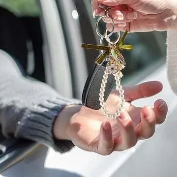 CRASPIRE 3Pcs Enamel Sakura Keychains Pendants Leather Pearl Beaded Wristlet Lanyard Lily of The Vally Tassel Keychain Alloy Light Gold Car Key Ring Charm with Hoop Universal for Women Wallet Decor