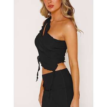 CSDAJIO Women's One Shoulder Cut Out Crop Tops Sleeveless Mesh Ruffle Tassel Tank Top Shirt Black X-Small