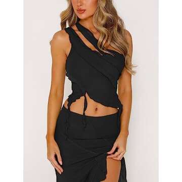 CSDAJIO Women's One Shoulder Cut Out Crop Tops Sleeveless Mesh Ruffle Tassel Tank Top Shirt Black X-Small