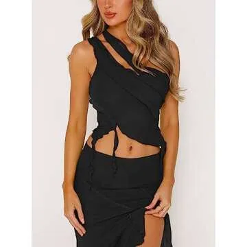 CSDAJIO Women's One Shoulder Cut Out Crop Tops Sleeveless Mesh Ruffle Tassel Tank Top Shirt Black X-Small