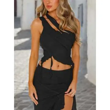 CSDAJIO Women's One Shoulder Cut Out Crop Tops Sleeveless Mesh Ruffle Tassel Tank Top Shirt Black X-Small