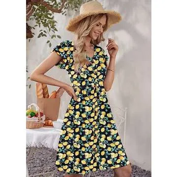 WNEEDU Women Summer Dresses Sleeveless Casual Loose Swing Midi Dress with Pockets