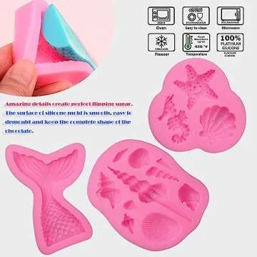 SAKOLLA Mermaid Theme Silicone Fondant Mold - Mermaid Tail Seashell Starfish Hippocampus Conch Silicone Mold for Under The Sea Cake Decoration, Gum Paste, Polymer Clay, Cupcake Decor, Sugar Craft