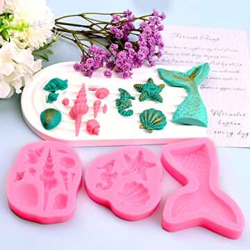 SAKOLLA Mermaid Theme Silicone Fondant Mold - Mermaid Tail Seashell Starfish Hippocampus Conch Silicone Mold for Under The Sea Cake Decoration, Gum Paste, Polymer Clay, Cupcake Decor, Sugar Craft