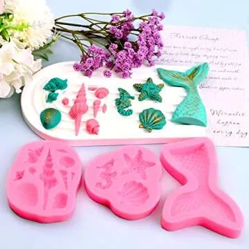 SAKOLLA Mermaid Theme Silicone Fondant Mold - Mermaid Tail Seashell Starfish Hippocampus Conch Silicone Mold for Under The Sea Cake Decoration, Gum Paste, Polymer Clay, Cupcake Decor, Sugar Craft