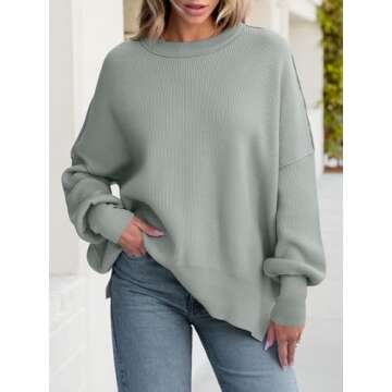 ANRABESS Women Crewneck Batwing Long Sleeve 2024 Fall Oversized Side Slit Ribbed Knit Pullover Sweaters Top Cozy Outfits Gray Small