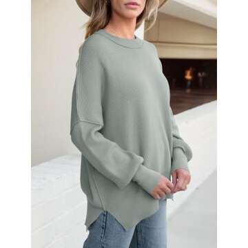 ANRABESS Women Crewneck Batwing Long Sleeve 2024 Fall Oversized Side Slit Ribbed Knit Pullover Sweaters Top Cozy Outfits Gray Small