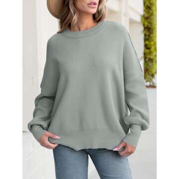 ANRABESS Women Crewneck Batwing Long Sleeve 2024 Fall Oversized Side Slit Ribbed Knit Pullover Sweaters Top Cozy Outfits Gray Small