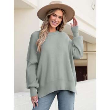 ANRABESS Women Crewneck Batwing Long Sleeve 2024 Fall Oversized Side Slit Ribbed Knit Pullover Sweaters Top Cozy Outfits Gray Small