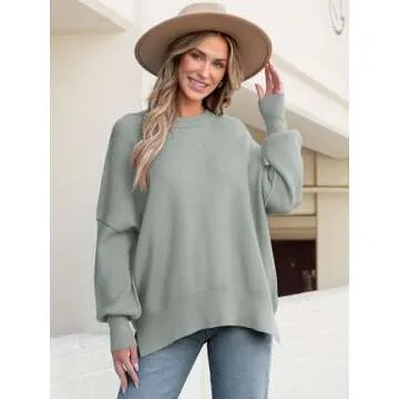 ANRABESS Women Crewneck Batwing Long Sleeve 2024 Fall Oversized Side Slit Ribbed Knit Pullover Sweaters Top Cozy Outfits Gray Small