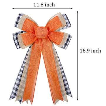 Fall Wreath Bow, Thanksgiving Wreath Bow Orange Burlap Black White Buffalo Plaid Gift Bow Tree Toppe...