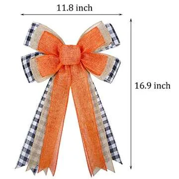 Fall Wreath Bow, Thanksgiving Wreath Bow Orange Burlap Black White Buffalo Plaid Gift Bow Tree Toppe...
