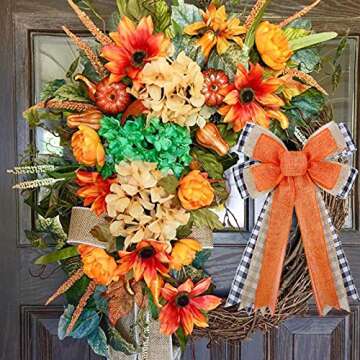 Fall Wreath Bow, Thanksgiving Wreath Bow Orange Burlap Black White Buffalo Plaid Gift Bow Tree Topper for Fall Thanksgiving Halloween Christmas Front Door Wreath Home Indoor Outdoor Decorations