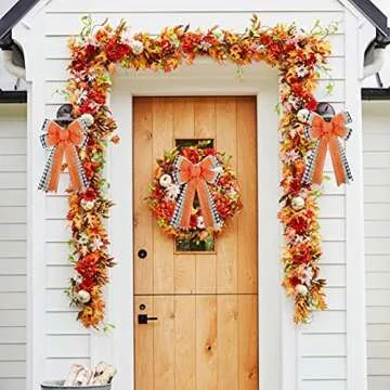 Fall Wreath Bow, Thanksgiving Wreath Bow Orange Burlap Black White Buffalo Plaid Gift Bow Tree Topper for Fall Thanksgiving Halloween Christmas Front Door Wreath Home Indoor Outdoor Decorations