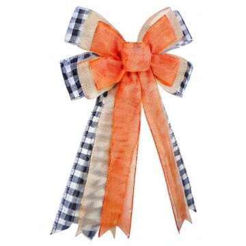 Fall Wreath Bow, Thanksgiving Wreath Bow Orange Burlap Black White Buffalo Plaid Gift Bow Tree Topper for Fall Thanksgiving Halloween Christmas Front Door Wreath Home Indoor Outdoor Decorations