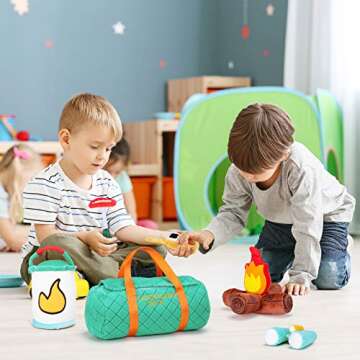 TCBunny 6 Piece Set of Plush Soft Stuffed Camp Out Playset, Imaginative Play, Camping Toy with Sound...