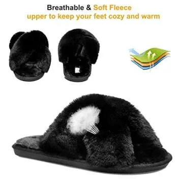 JIASUQI Womens Furry Faux Fur Slippers Cozy Memory Foam House Slippers Soft Flat Slide Sandals Indoor Outdoor Slippers Black 10-11