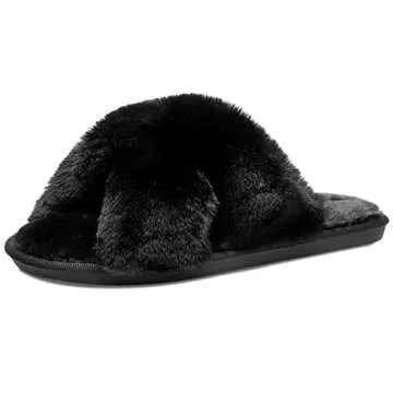 JIASUQI Womens Furry Faux Fur Slippers Cozy Memory Foam House Slippers Soft Flat Slide Sandals Indoor Outdoor Slippers Black 10-11