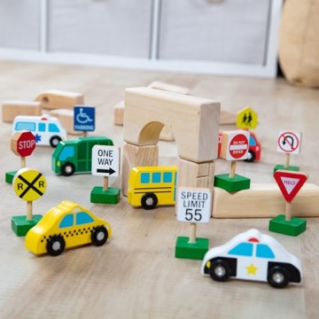 Durable Wooden Vehicles and Traffic Signs Set for Kids