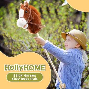 HollyHOME Stick Horse Plush Handcrafted Hobby Horse on a Stick with Wood Wheels Real Pony Neighing a...