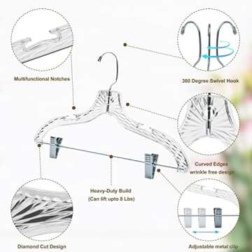 Quality Hangers 12 Pack Clear Plastic Skirt Hangers - Crystal Cut Pants Hangers - Durable Plastic Hanger Set - Dress Hangers with Adjustable Clips - Heavy Duty Hangers