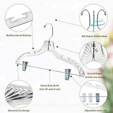 Quality Hangers 12 Pack Clear Plastic Skirt Hangers - Crystal Cut Pants Hangers - Durable Plastic Hanger Set - Dress Hangers with Adjustable Clips - Heavy Duty Hangers