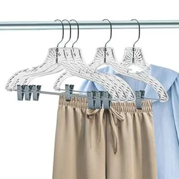 Quality Hangers 12 Pack Clear Plastic Skirt Hangers - Crystal Cut Pants Hangers - Durable Plastic Hanger Set - Dress Hangers with Adjustable Clips - Heavy Duty Hangers
