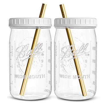 Reusable Wide Mouth Smoothie Cups Boba Tea Cups Bubble Tea Cups with Lids and Gold Straws Mason Jars...