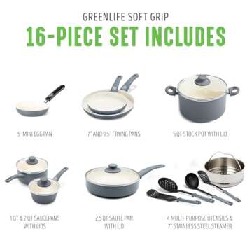 GreenLife Soft Grip 16 Piece Cookware Set, Non-Toxic PFAS-Free Ceramic Nonstick, Frying, Sauce, Saute, Utensils, Glass Lids, Stay-Cool Handles, Wobble Free, Dishwasher & Oven Safe, Quartz Grey