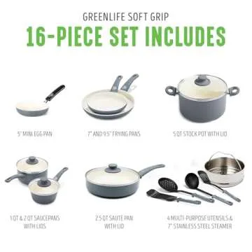 GreenLife Soft Grip 16 Piece Cookware Set, Non-Toxic PFAS-Free Ceramic Nonstick, Frying, Sauce, Saute, Utensils, Glass Lids, Stay-Cool Handles, Wobble Free, Dishwasher & Oven Safe, Quartz Grey