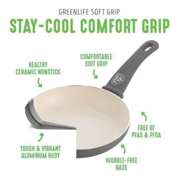 GreenLife Soft Grip 16 Piece Cookware Set, Non-Toxic PFAS-Free Ceramic Nonstick, Frying, Sauce, Saute, Utensils, Glass Lids, Stay-Cool Handles, Wobble Free, Dishwasher & Oven Safe, Quartz Grey