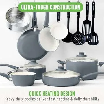 GreenLife Soft Grip 16 Piece Cookware Set, Non-Toxic PFAS-Free Ceramic Nonstick, Frying, Sauce, Saute, Utensils, Glass Lids, Stay-Cool Handles, Wobble Free, Dishwasher & Oven Safe, Quartz Grey