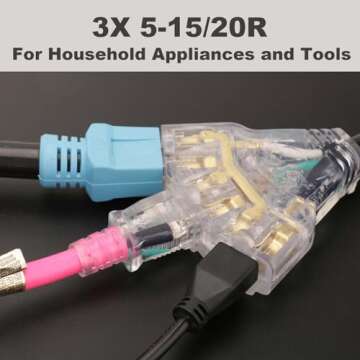 CircleCord 30 Amp to 110V RV/Generator Distribution Adapter Cord, NEMA TT-30P Male to 3X 5-15R/5-20R T-Blade Household Outlet Female with LED Power Indicator 3750W