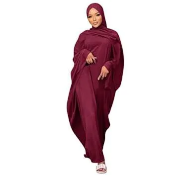 IKADEX Muslim Dress for Women Pakistani Kaftan Abaya Robe + Hijab Arabic Islamic Prayer Clothes Duba...