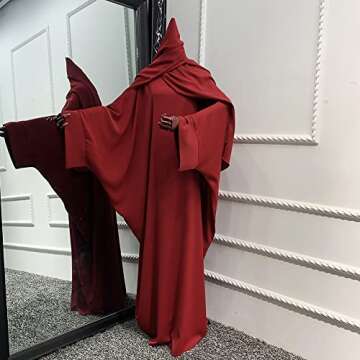 IKADEX Muslim Dress for Women Pakistani Kaftan Abaya Robe + Hijab Arabic Islamic Prayer Clothes Dubai Outfits Dark Red Set