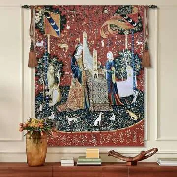 Aubelin Tapestry Large HEARING The Lady & Unicorn Medieval Tapestry Wall Hanging Jacquard Weave Size 55"x43"
