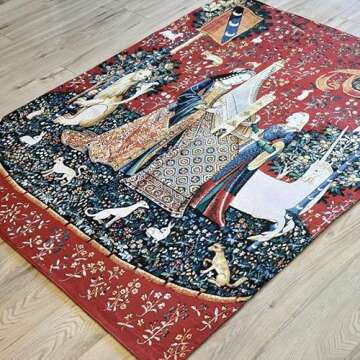 Aubelin Tapestry Large HEARING The Lady & Unicorn Medieval Tapestry Wall Hanging Jacquard Weave Size 55"x43"