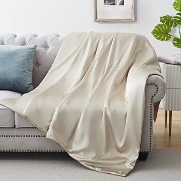 Silk Throw Blanket - Beige Cooling Packable Satin Blanket for Couch, Bed, Camping, Outdoor, Travel, ...