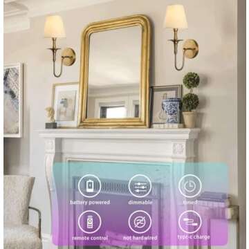 KEFA Wireless Battery Operated Wall Sconces Set of 2,No Wiring Rechargeable Wall Lights with Remote,Antique Brass Vintage Fabric Shade Wall Lamp Fixtures for Living Room Bedroom Hallway Farmhouse TV