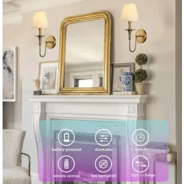 KEFA Wireless Battery Operated Wall Sconces Set of 2,No Wiring Rechargeable Wall Lights with Remote,Antique Brass Vintage Fabric Shade Wall Lamp Fixtures for Living Room Bedroom Hallway Farmhouse TV