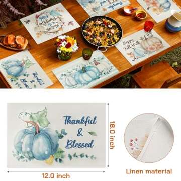 GROBRO7 6Pcs Fall Placemats with Blue Pumpkin Design for Autumn Dining