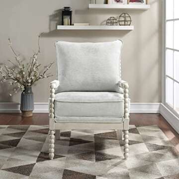 OSP Home Furnishings Kaylee Spindle Accent Chair with Antique White Wood Frame, Smoke Grey Fabric