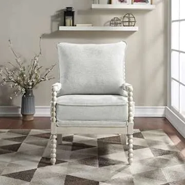 OSP Home Furnishings Kaylee Spindle Accent Chair with Antique White Wood Frame, Smoke Grey Fabric