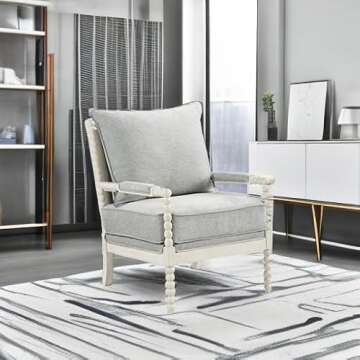 OSP Home Furnishings Kaylee Spindle Accent Chair with Antique White Wood Frame, Smoke Grey Fabric