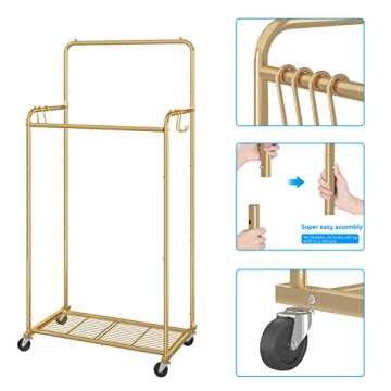 Simple Trending Double Rod Clothes Garment Rack, Heavy Duty Clothing Rolling Rack on Wheels for Hanging Clothes,with 4 Hooks, Gold