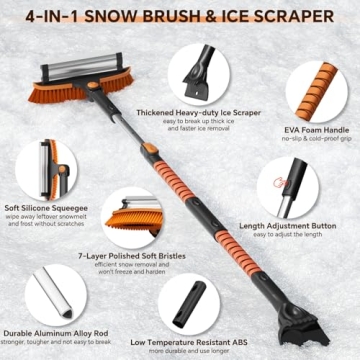 4-In-1 Snow Brush and Ice Scrapers for Car Windshield 55'' Extendable Snow Shovel Snow Broom Kit wit...