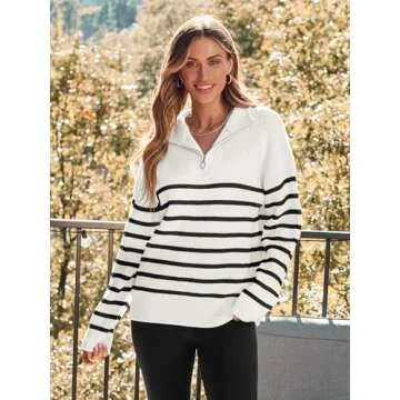 LILLUSORY Women's Quarter Zip Striped Oversized Sweater 2025 Mock Turtleneck Fall Fashion Outfit White-Black S