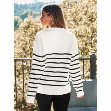 LILLUSORY Women's Quarter Zip Striped Oversized Sweater 2025 Mock Turtleneck Fall Fashion Outfit White-Black S