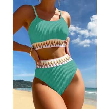 Zuvebamyo Women's High Waisted Swimsuit Two Piece Ribbed Bikini Sets Crop Top High Cut Cheeky Bathing Suits Turquoise 1 L