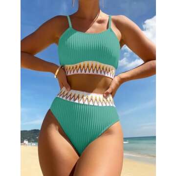 Zuvebamyo Women's High Waisted Swimsuit Two Piece Ribbed Bikini Sets Crop Top High Cut Cheeky Bathing Suits Turquoise 1 L